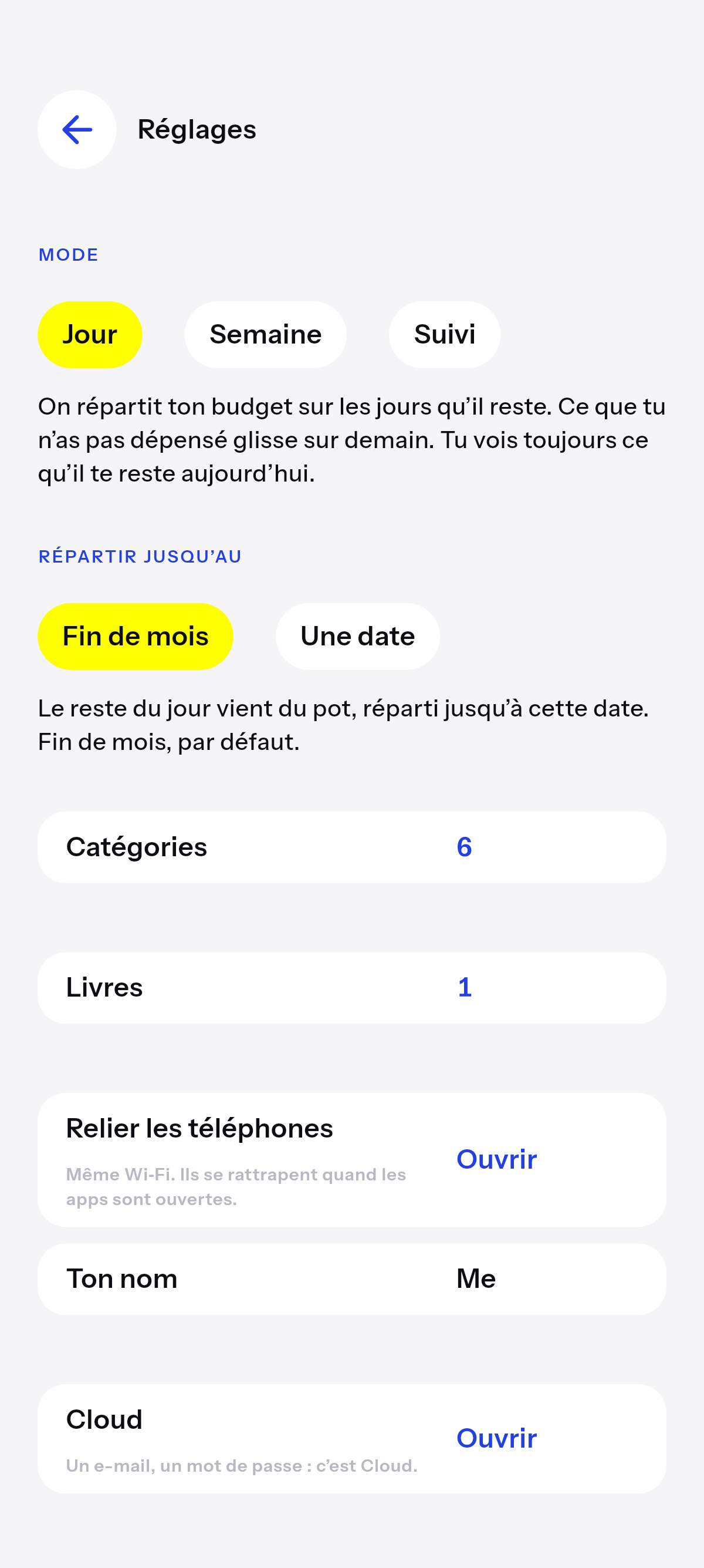 Jour, semaine, ou suivi.