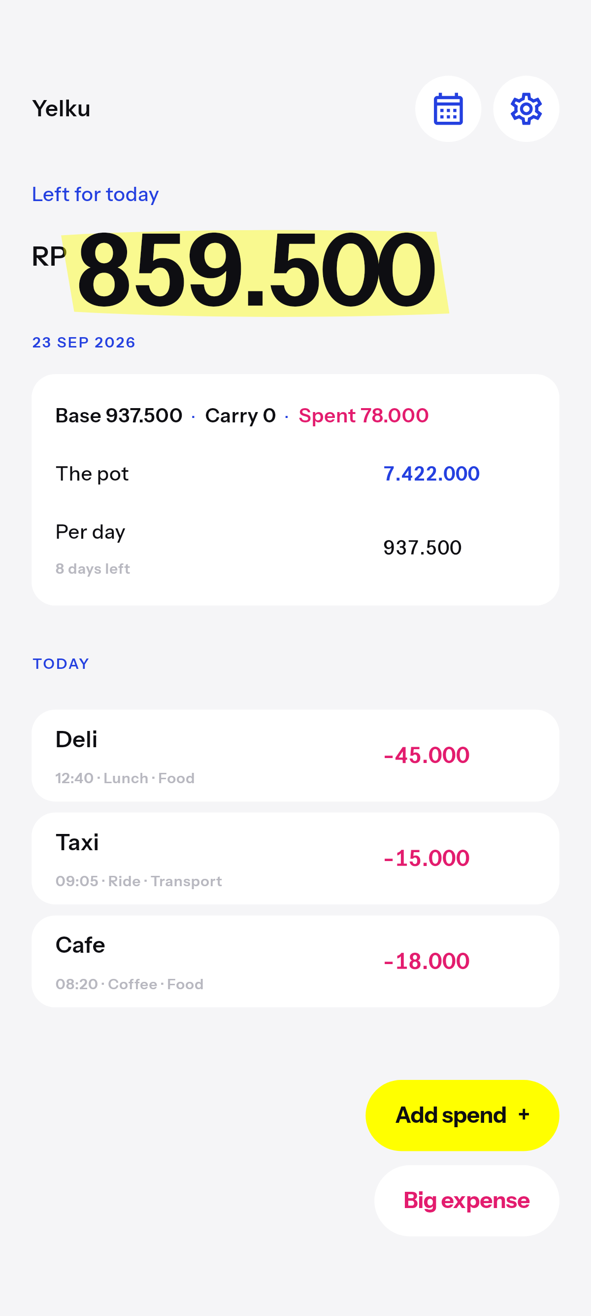 Yelku home. Left for today, leftover marked, Add spend, Big expense.