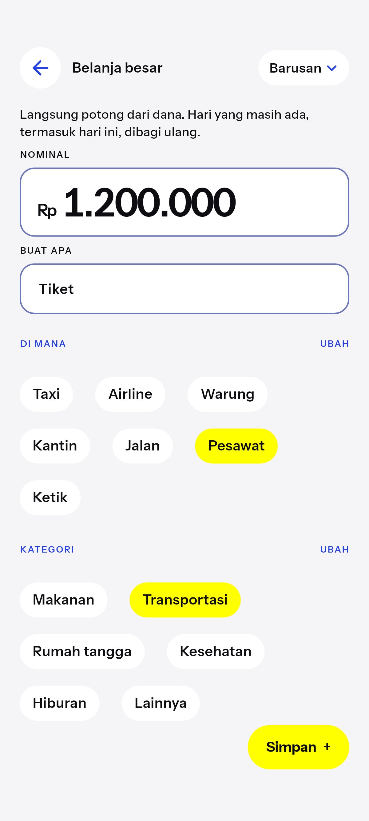Belanja besar. Kata merah muda, bukan pil kuning kedua.