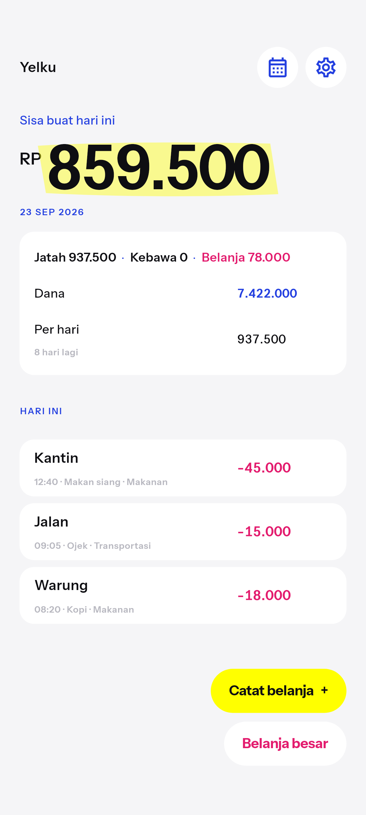 Beranda Yelku. Sisa buat hari ini, ditandai. Catat belanja. Belanja besar.