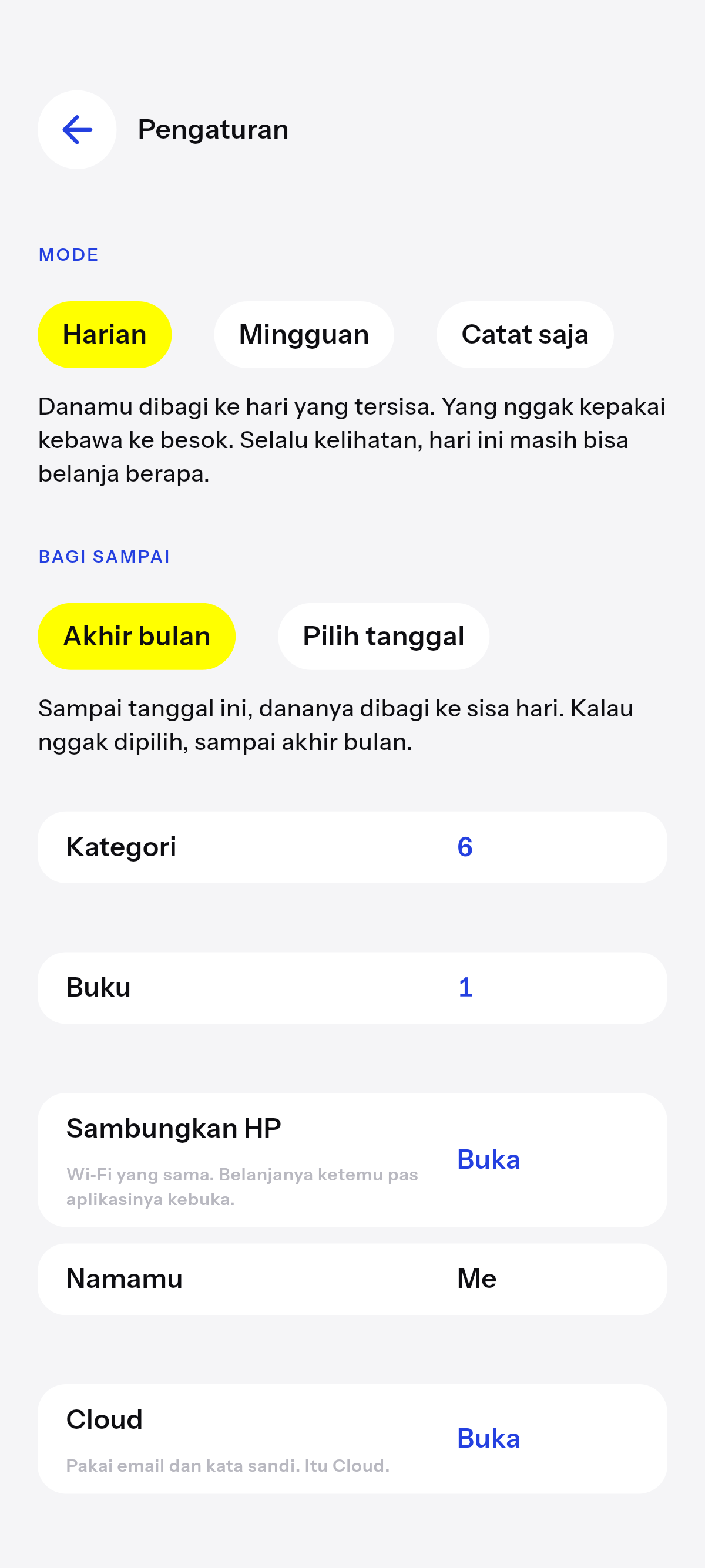 Pengaturan. Harian, Mingguan, Catat saja.