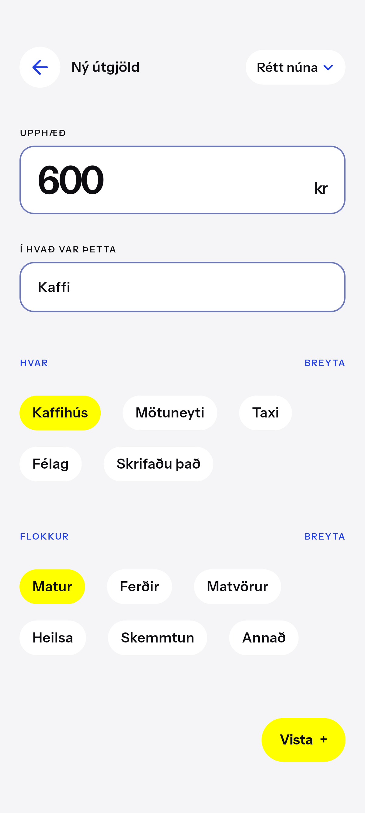 Kaffi, hádegismatur, ferð.