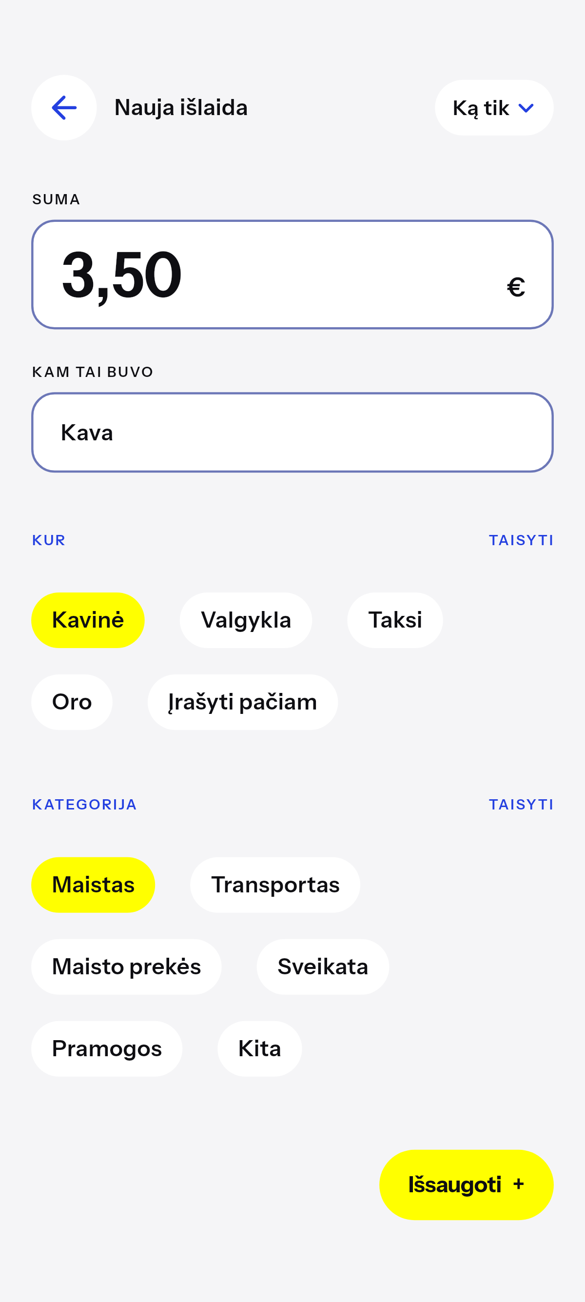 Kava, pietūs, autobusas.