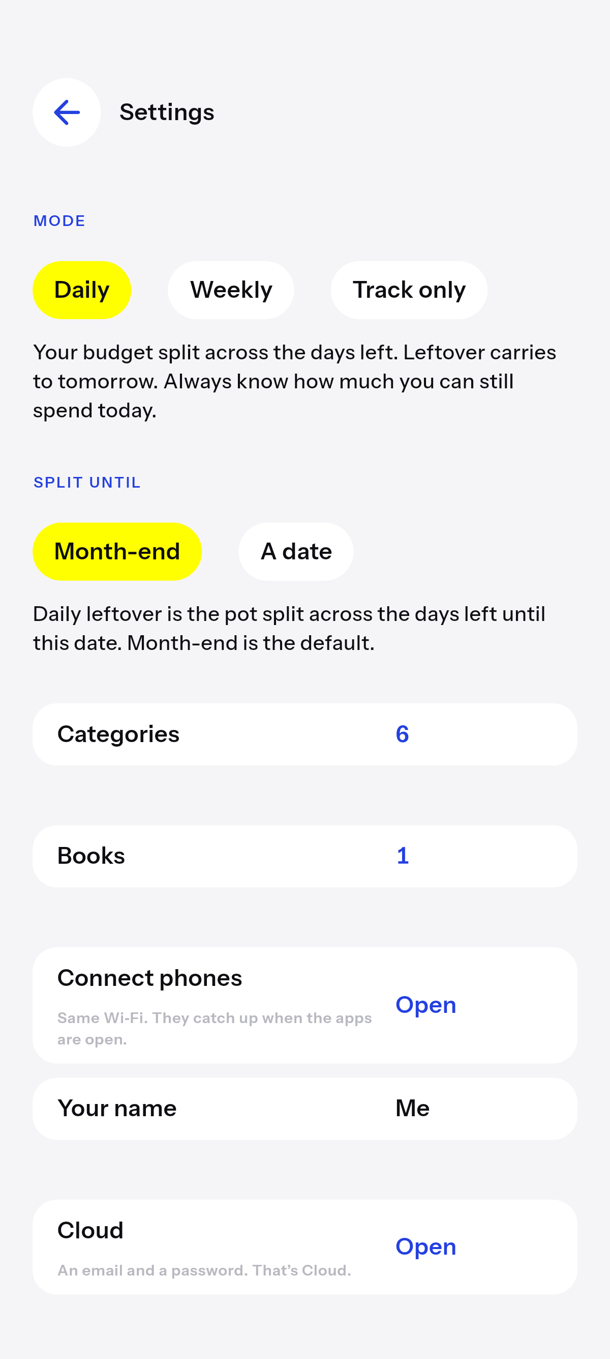 Settings. Daily, Weekly, and Track only.