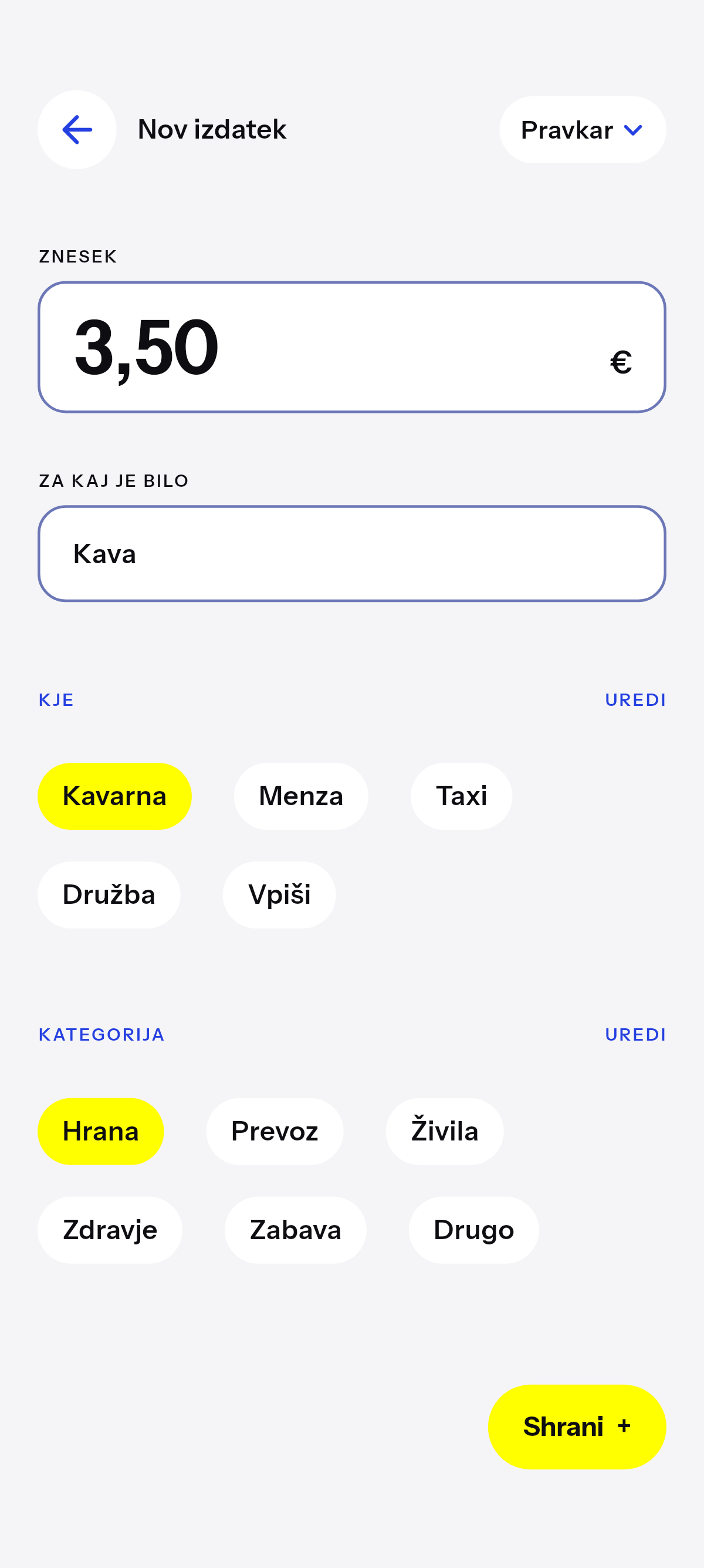 Kava, kosilo, prevoz.