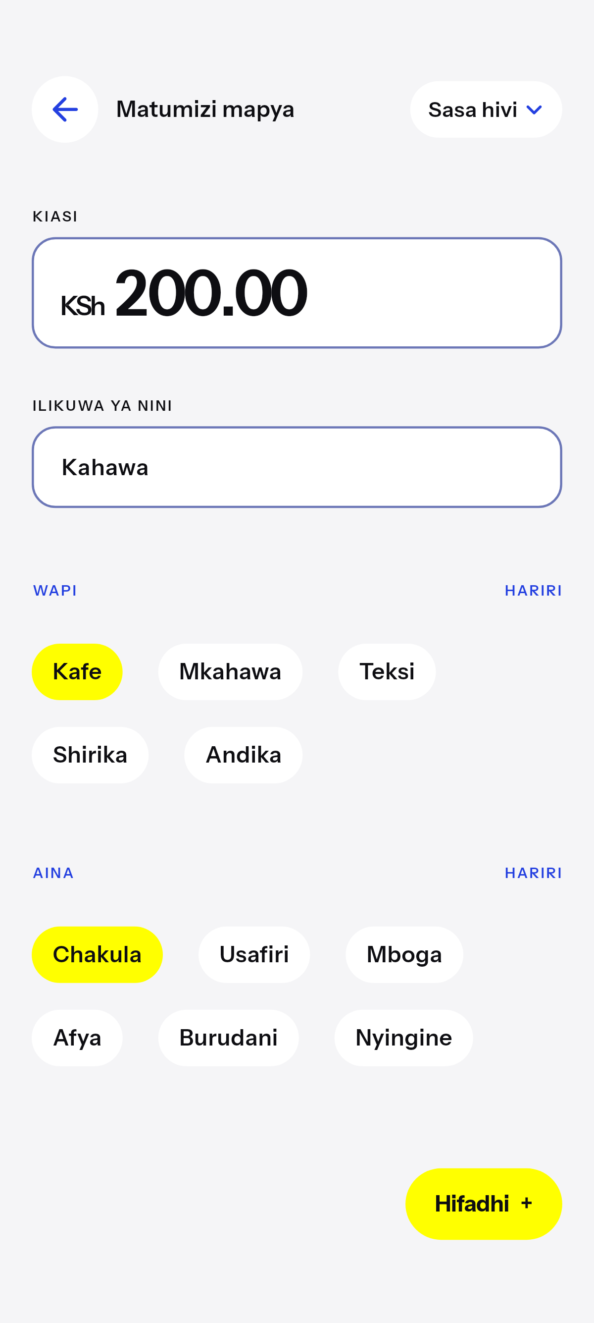 Kahawa, chakula cha mchana, usafiri.