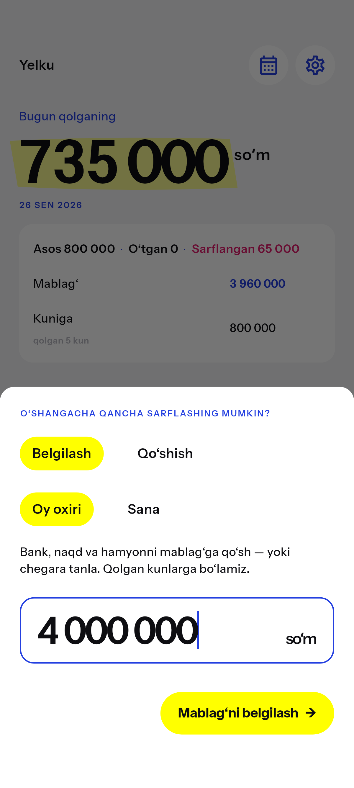 O‘zing tanlagan sanagacha sarflashing mumkin bo‘lgani.