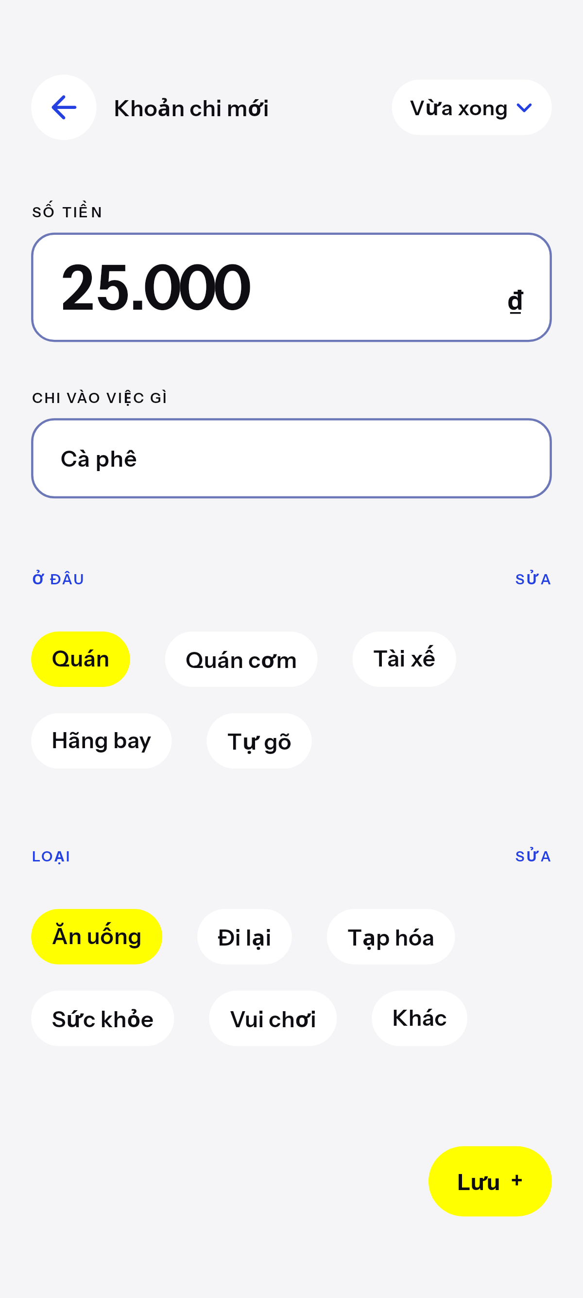 Cà phê, cơm trưa, xe.